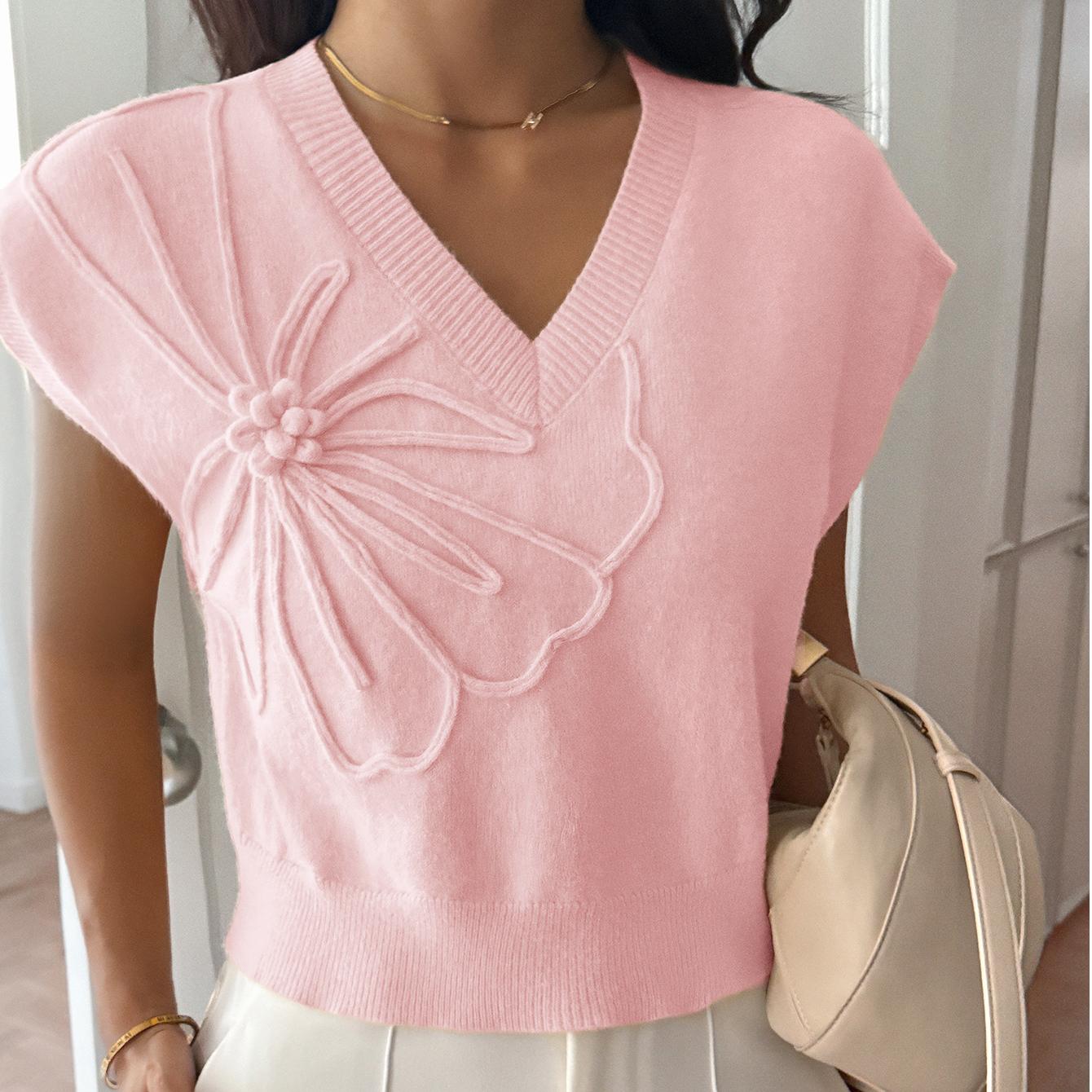 Women Clothing Autumn Winter Casual Vacation Deep V Plunge Neck Solid Color Sweater with Short Sleeves Bella Mia