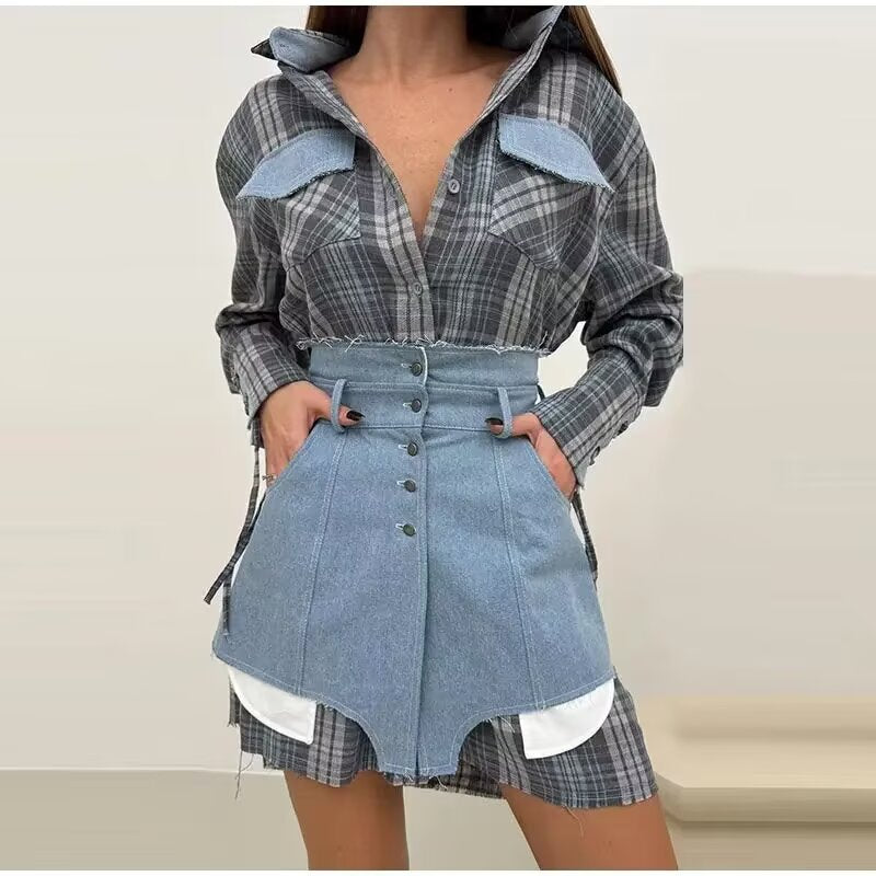 Women Clothing Plaid Shirtdress Two Piece SkirtSets Bella Mia