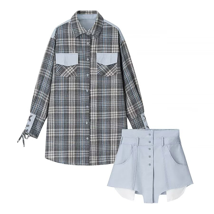 Women Clothing Plaid Shirtdress Two Piece SkirtSets Bella Mia