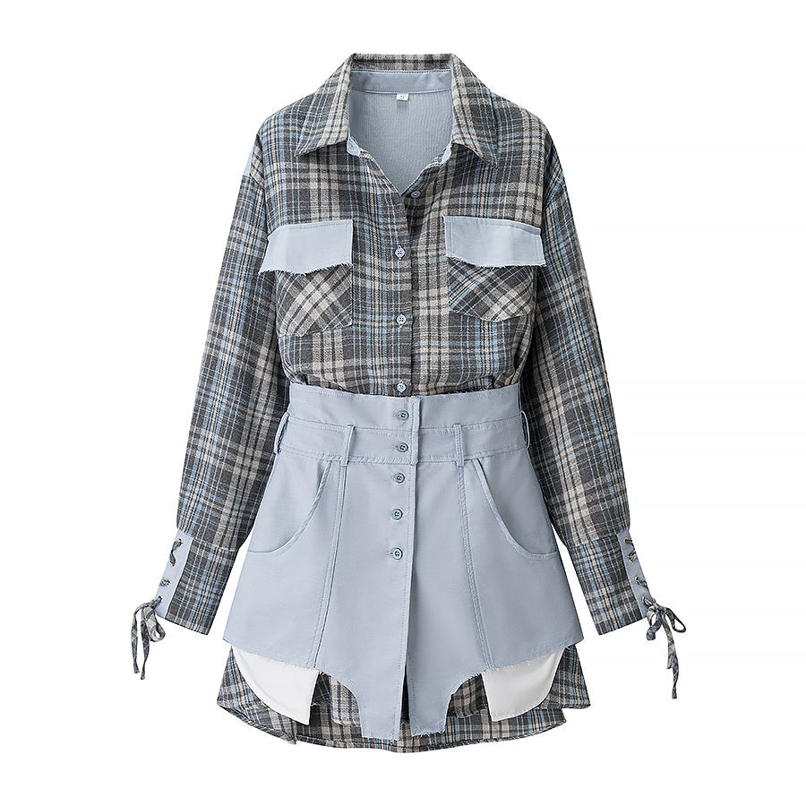 Women Clothing Plaid Shirtdress Two Piece SkirtSets Bella Mia