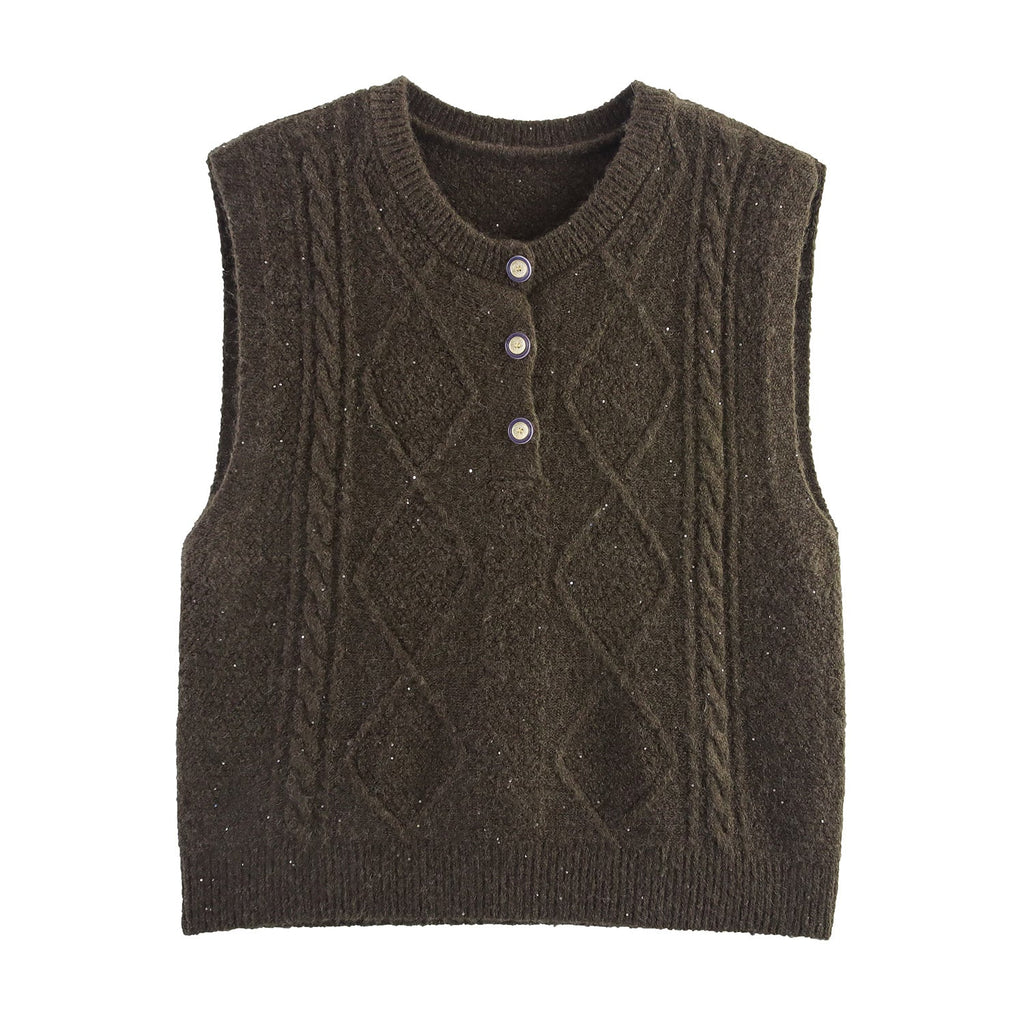 Women Clothing Autumn Sequined Diamond round Neck Half Cardigan Knitted Vest Bella Mia