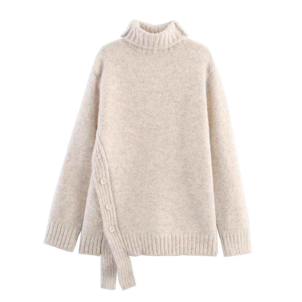 Women Clothing Autumn Irregular Asymmetric Hem Turtleneck Pullover Loose Thick Sweater Bella Mia