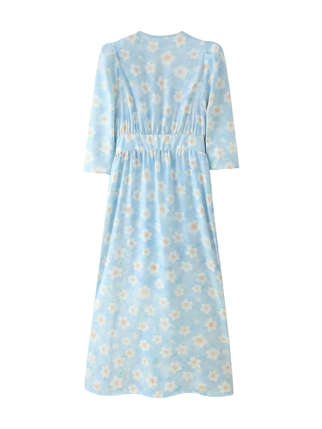 Summer Women Clothing Refined Stylish Simple V neck Printed Puff Sleeve Pearl Buckle Dress