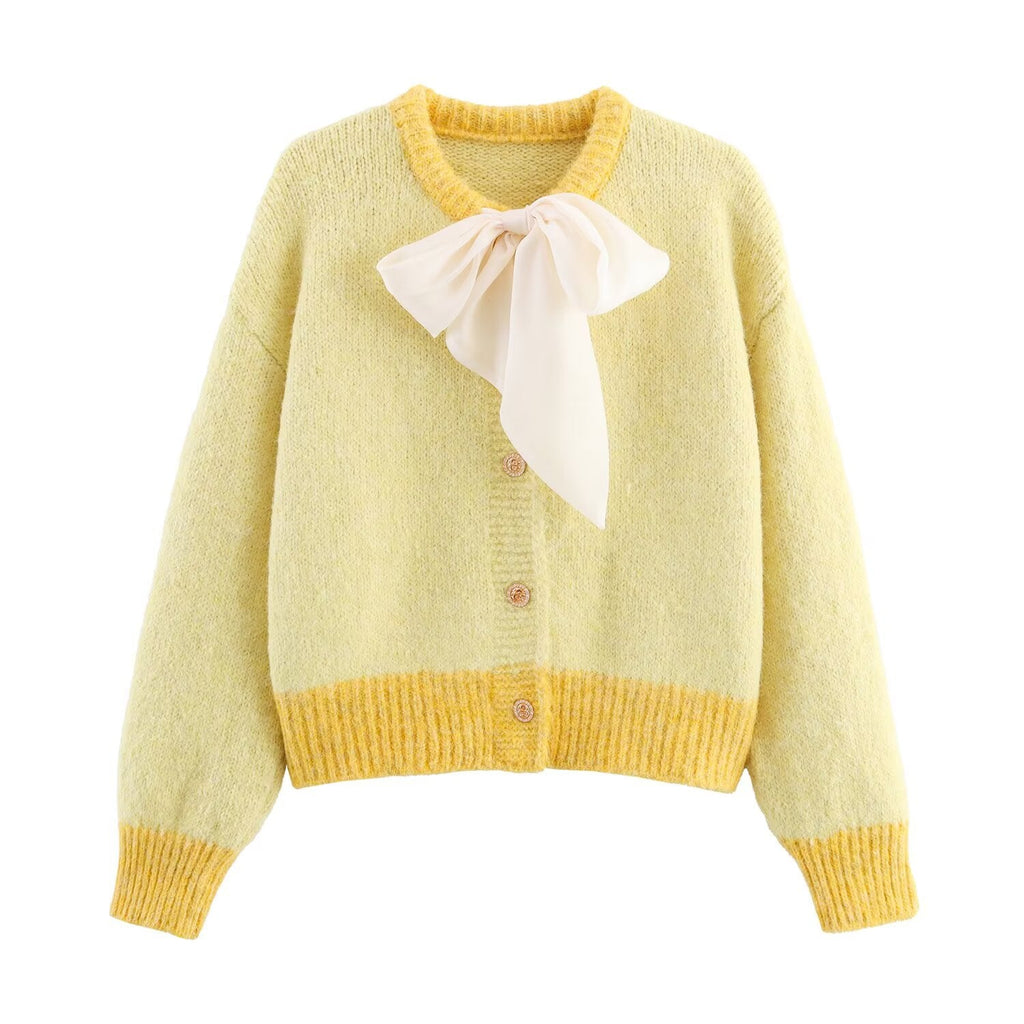 Women Clothing Fall round Neck Long Sleeve Bowknot Decorative Knitwear Coat Bella Mia