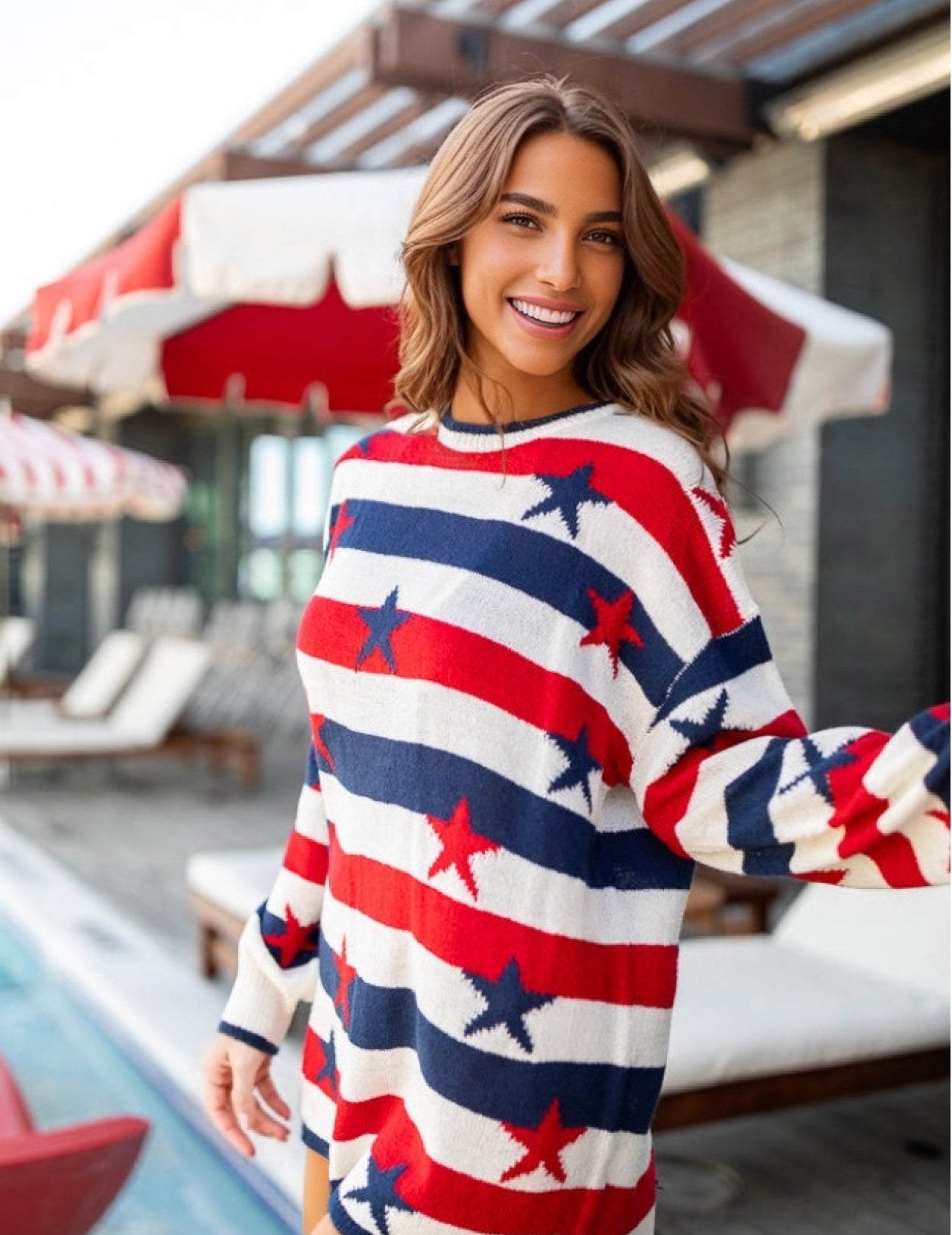 Oumeiya Printed Women Flag Loose Long Sleeve Popular Striped Sweater Bella Mia