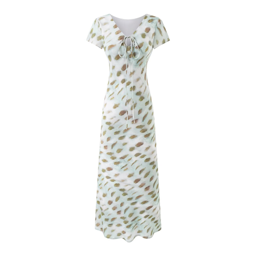 Summer Women Clothing Vacation Elegant V neck Lace up Short Sleeve Printed Dress