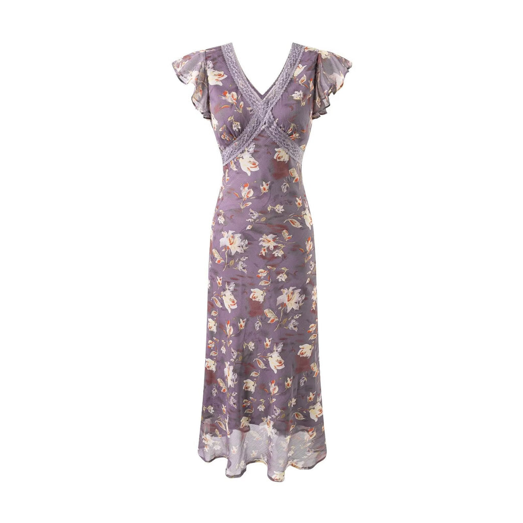 Summer Elegant Romantic Flying Sleeve Lace V neck Patchwork Long Floral Slim Fitting Dress Bella Mia