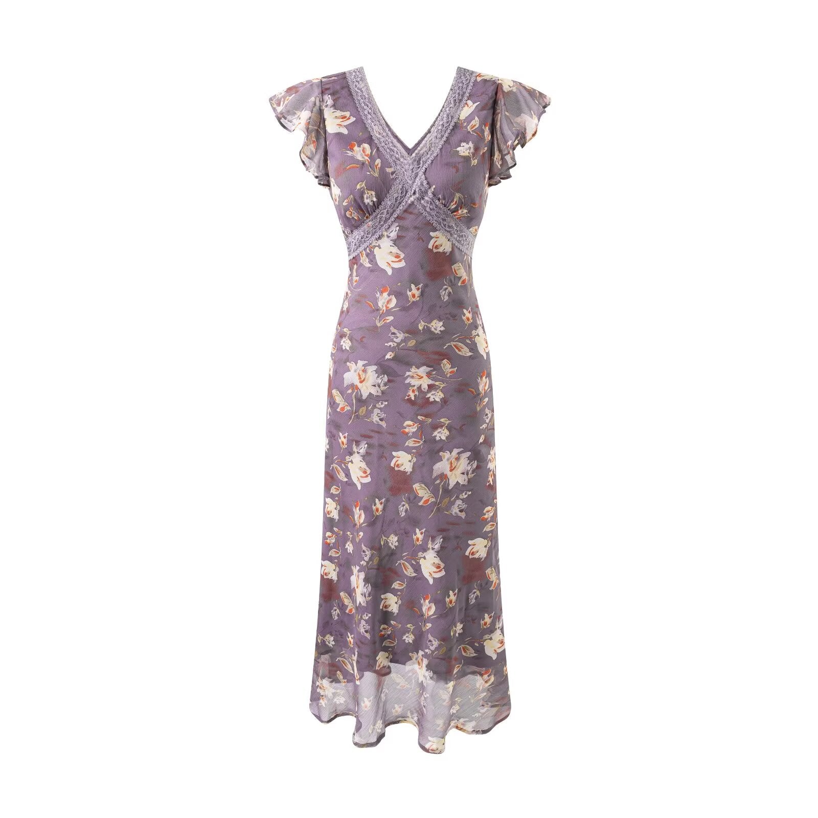 Summer Elegant Romantic Flying Sleeve Lace V neck Patchwork Long Floral Slim Fitting Dress Bella Mia