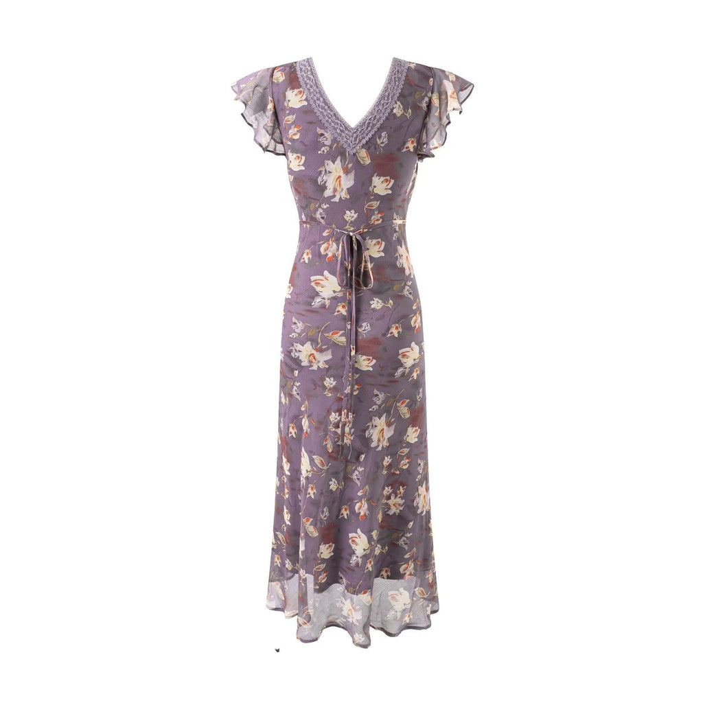 Summer Elegant Romantic Flying Sleeve Lace V neck Patchwork Long Floral Slim Fitting Dress Bella Mia
