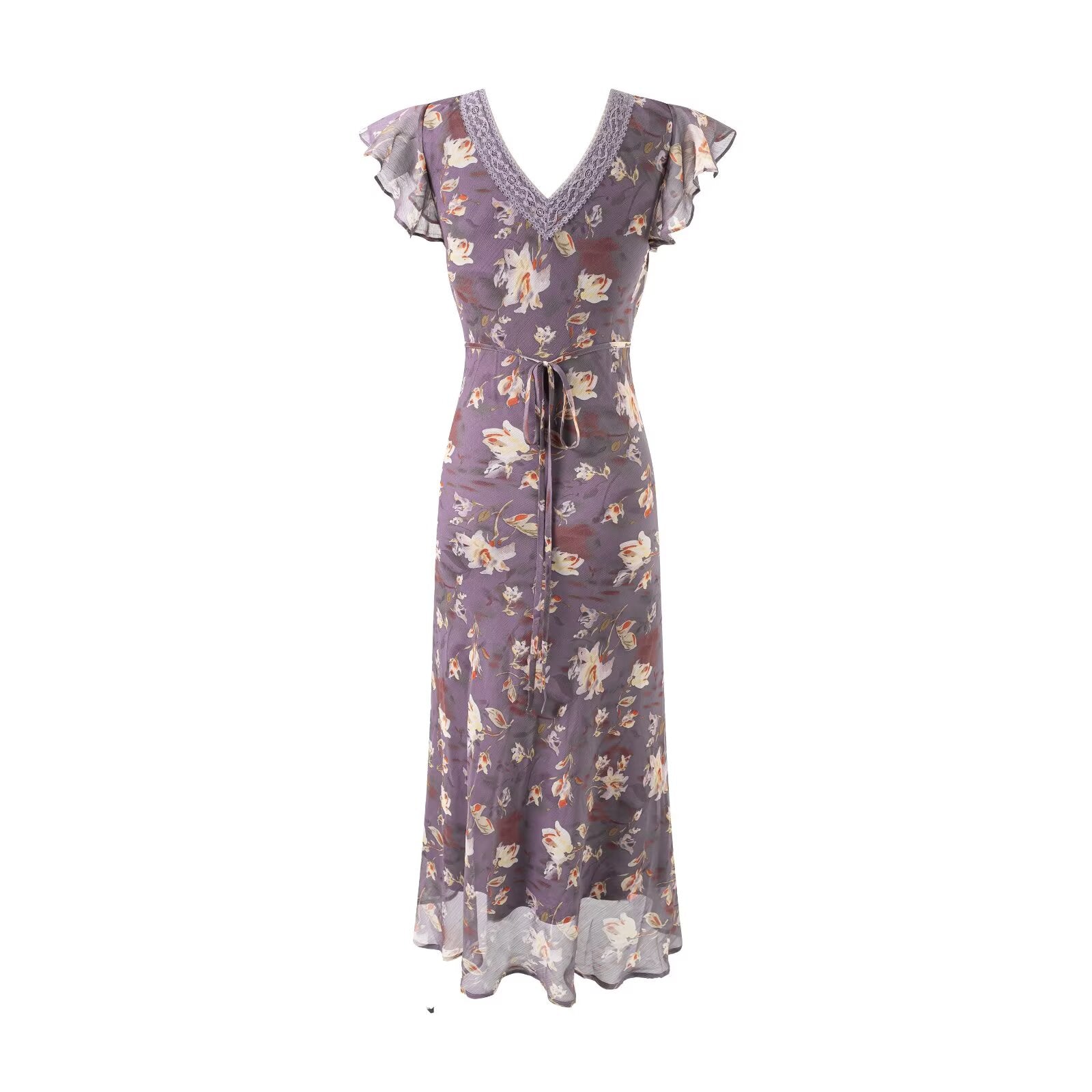 Summer Elegant Romantic Flying Sleeve Lace V neck Patchwork Long Floral Slim Fitting Dress Bella Mia