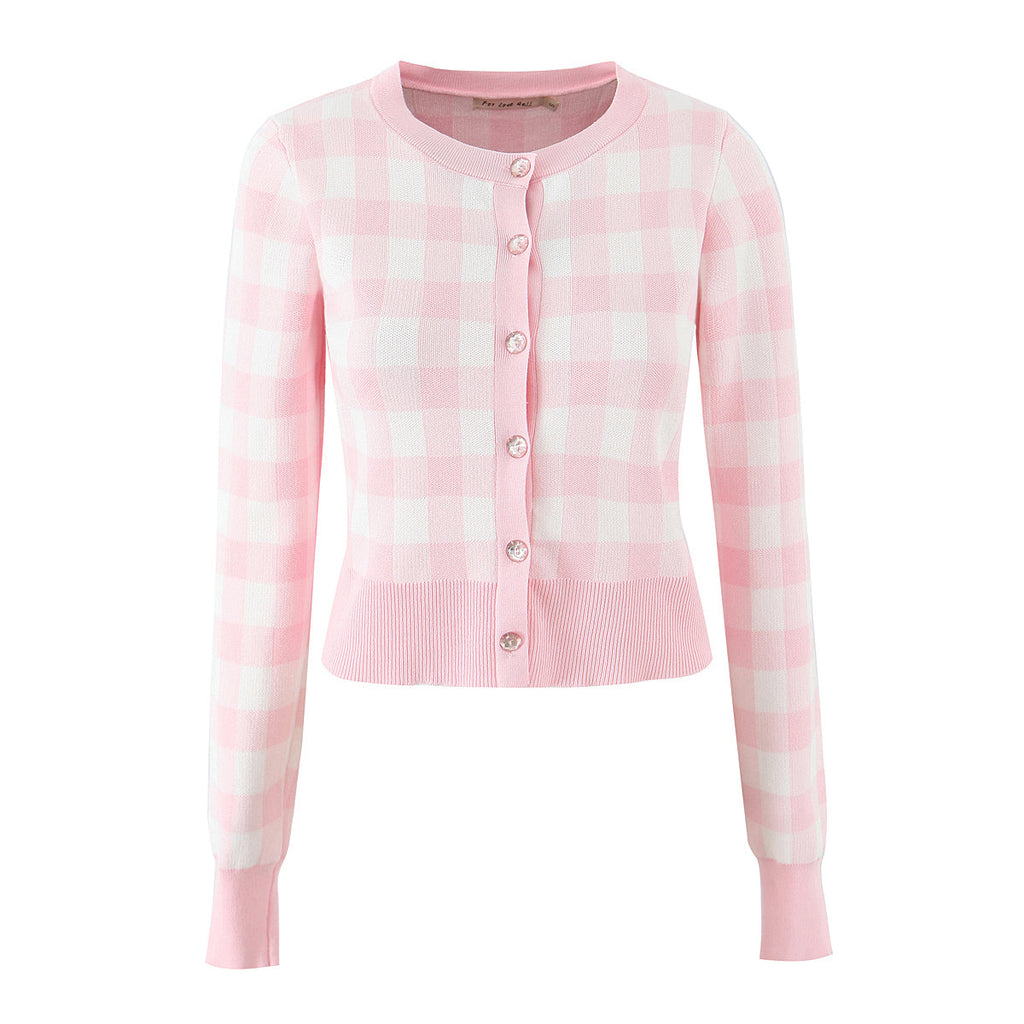 French Girlish Milk Fufu Fresh Plaid Short Knitted Cardigan Sweater Coat Bella Mia