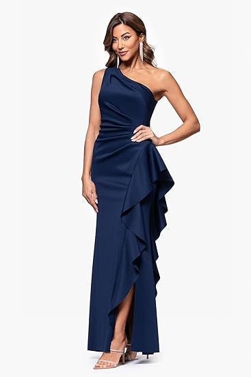 One Shoulder Elegant Solid Color Slim Waist Split Fishtail Side Ruffled Evening Dress Bella Mia