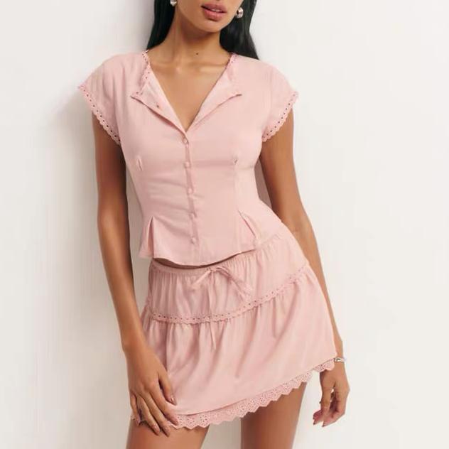Women Lace Flying Sleeve Top Stitching High Waist Elastic Waist Skirt Sets Bella Mia