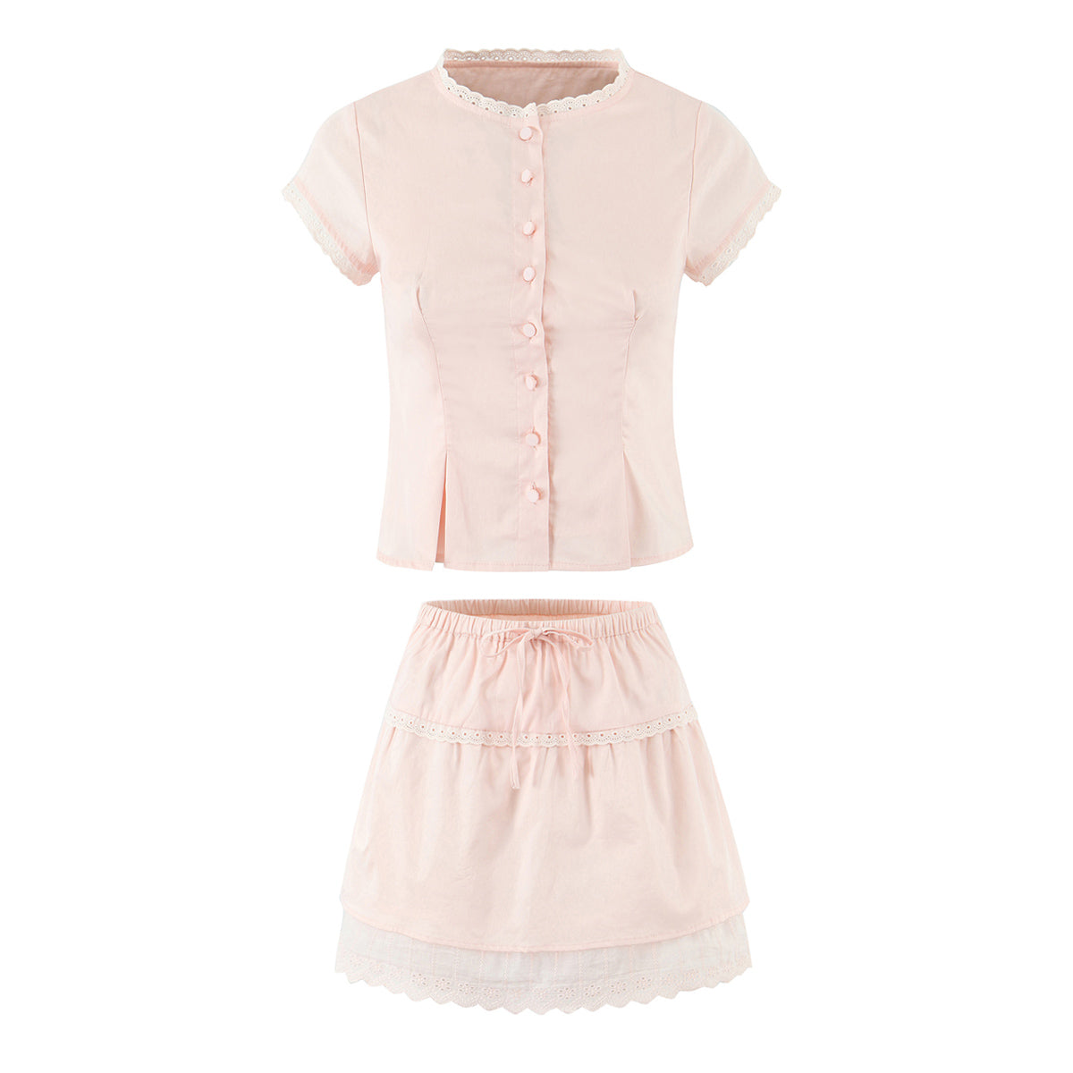 Women Lace Flying Sleeve Top Stitching High Waist Elastic Waist Skirt Sets Bella Mia