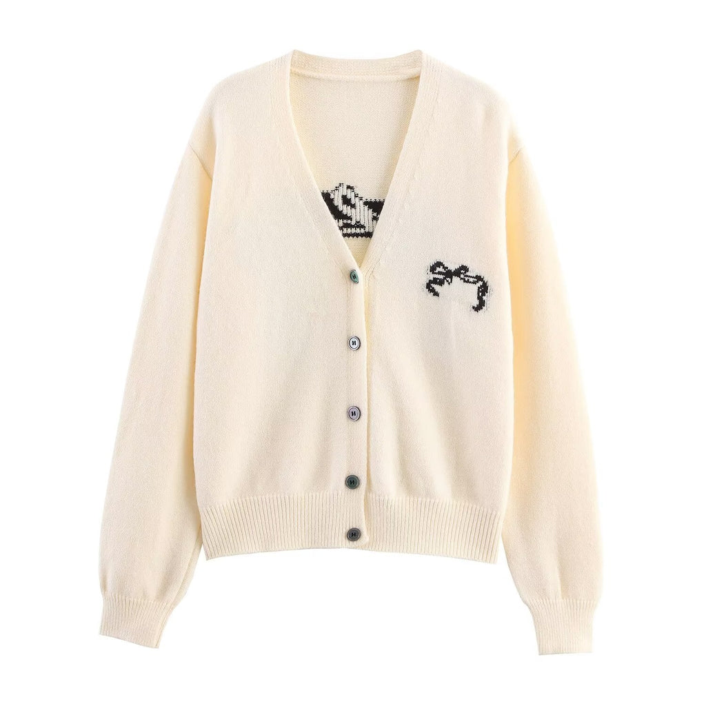 Autumn Women Casual All Match Loose Bow Ribbon Jacquard Sweater Bella Mia