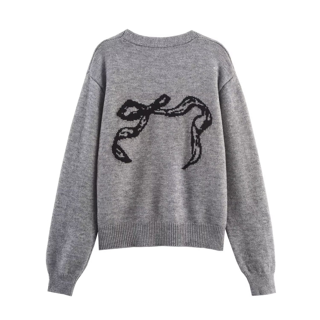 Autumn Women Casual All Match Loose Bow Ribbon Jacquard Sweater Bella Mia