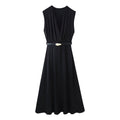 Summer Women Casual Slimming Solid Color V neck with Belt Stitching Midi Dress Bella Mia