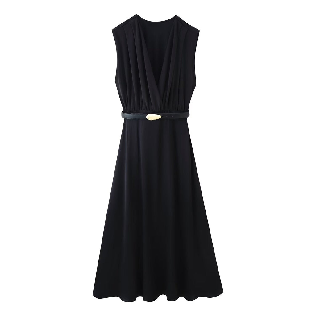 Summer Women Casual Slimming Solid Color V neck with Belt Stitching Midi Dress Bella Mia