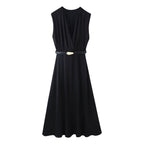 Summer Women Casual Slimming Solid Color V neck with Belt Stitching Midi Dress Bella Mia
