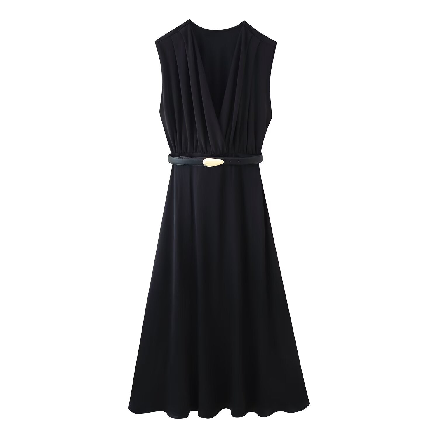 Summer Women Casual Slimming Solid Color V neck with Belt Stitching Midi Dress Bella Mia