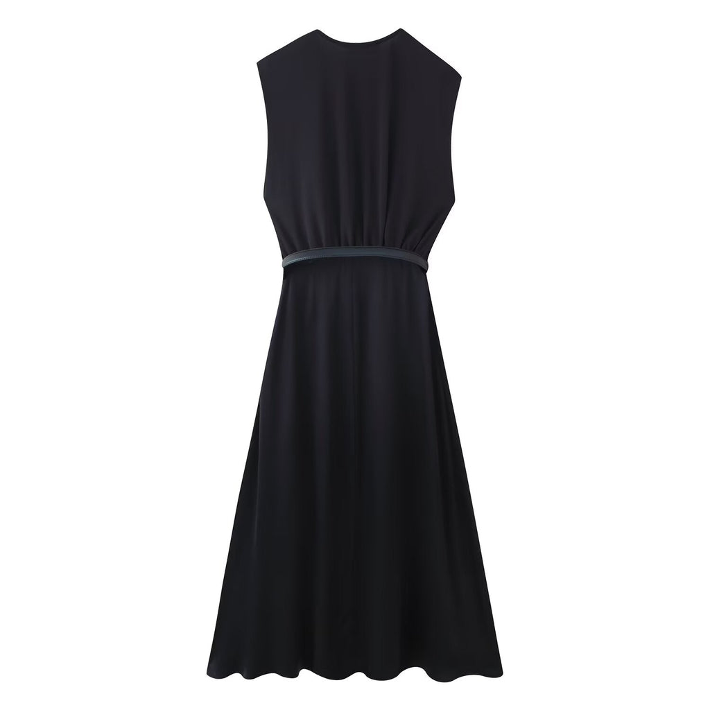 Summer Women Casual Slimming Solid Color V neck with Belt Stitching Midi Dress Bella Mia