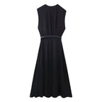 Summer Women Casual Slimming Solid Color V neck with Belt Stitching Midi Dress Bella Mia