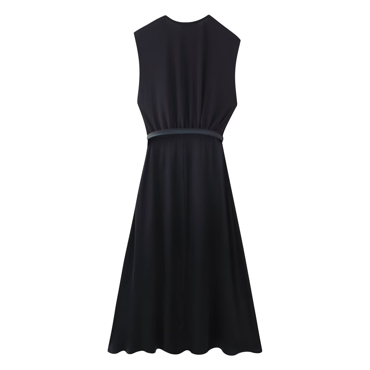 Summer Women Casual Slimming Solid Color V neck with Belt Stitching Midi Dress Bella Mia