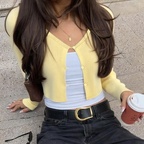 Women Clothing Summer Sexy Cardigan Button Cropped Long Sleeve T shirt Top Bella Mia
