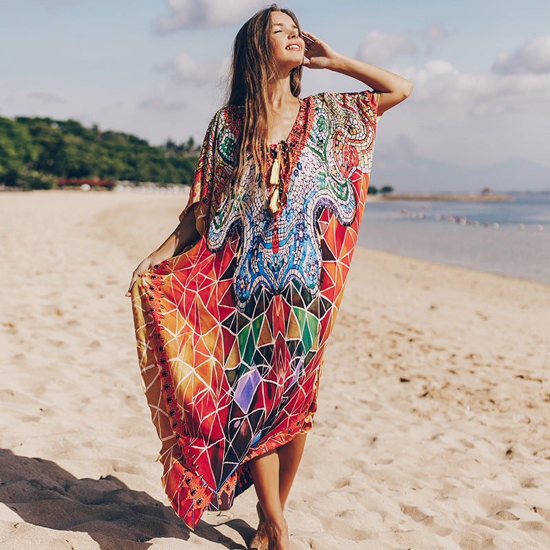 Quick Drying Silky Marbling Robe Vacation Loose Beach Maxi Dress Bikini Swimsuit Blouse Bella Mia