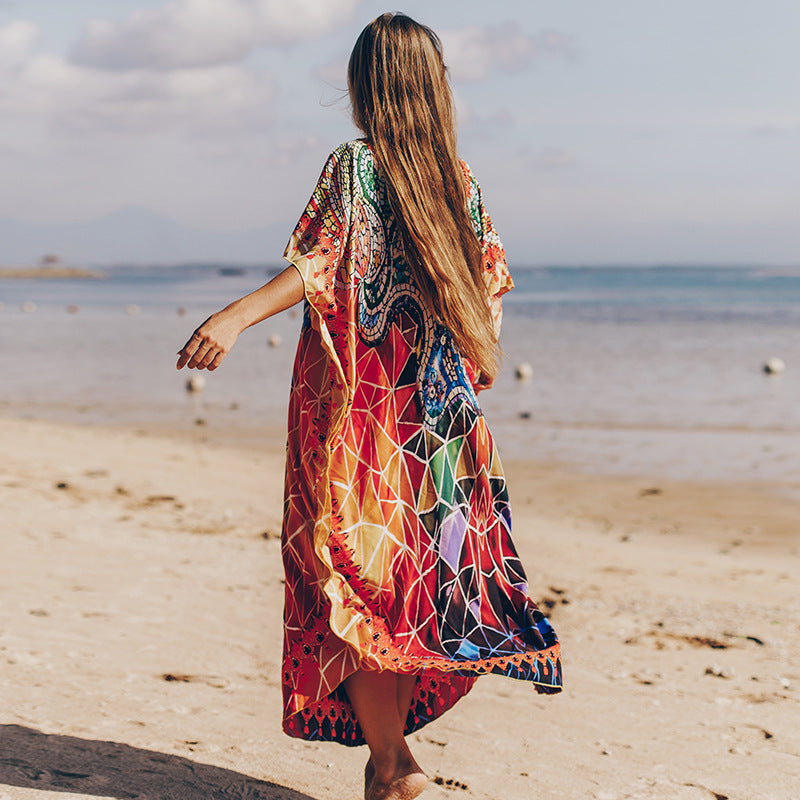 Quick Drying Silky Marbling Robe Vacation Loose Beach Maxi Dress Bikini Swimsuit Blouse Bella Mia