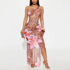 Women Clothing Diagonal Collar Hollow Out Cutout out See through Mesh Floral Print Dress Bella Mia