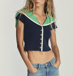 Colorblock Collared Slim Fit Short Knitted Top Bella Mia