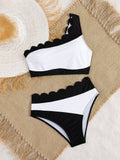 Split Swimsuit Sexy Bikini Black White Contrast Color Ruffled High Waist Swimsuit