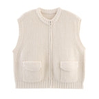 Fall Women Clothing Thick Needle round Neck Pocket Knitted Sweater Zipper Cardigan Vest Bella Mia
