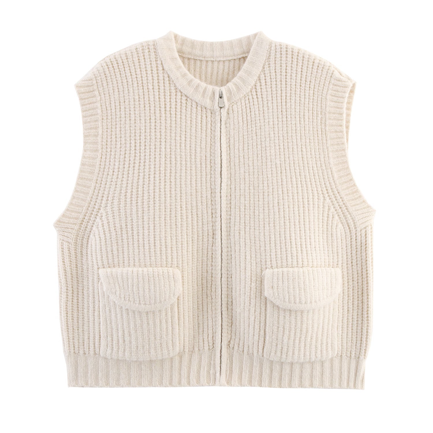 Fall Women Clothing Thick Needle round Neck Pocket Knitted Sweater Zipper Cardigan Vest Bella Mia
