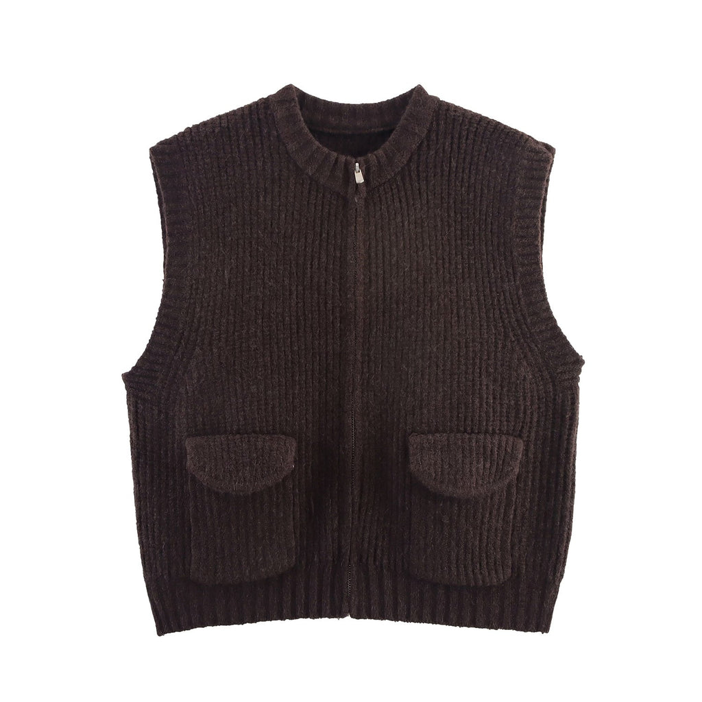 Fall Women Clothing Thick Needle round Neck Pocket Knitted Sweater Zipper Cardigan Vest Bella Mia