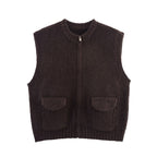 Fall Women Clothing Thick Needle round Neck Pocket Knitted Sweater Zipper Cardigan Vest Bella Mia