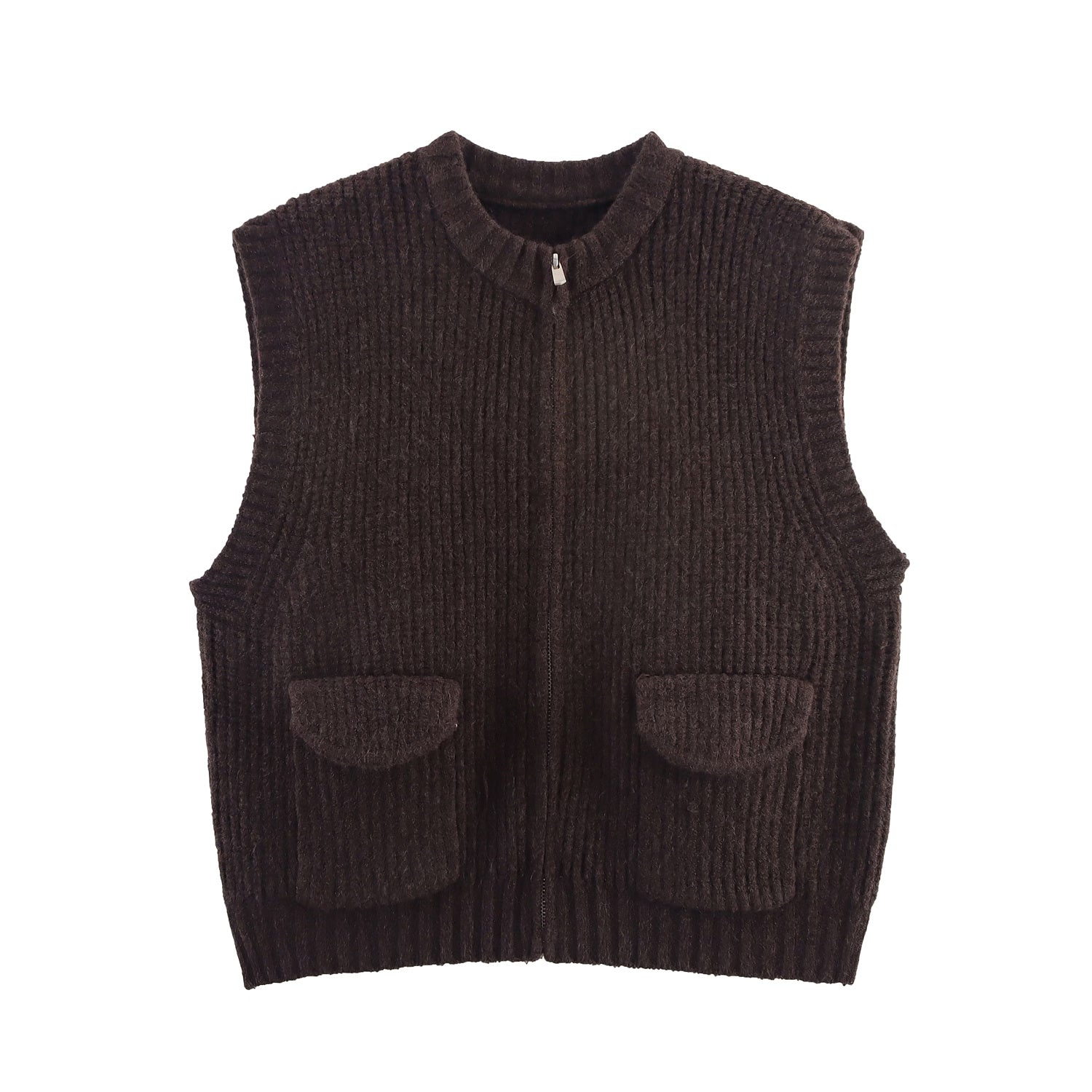 Fall Women Clothing Thick Needle round Neck Pocket Knitted Sweater Zipper Cardigan Vest Bella Mia