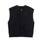 Fall Women Clothing Thick Needle round Neck Pocket Knitted Sweater Zipper Cardigan Vest Bella Mia