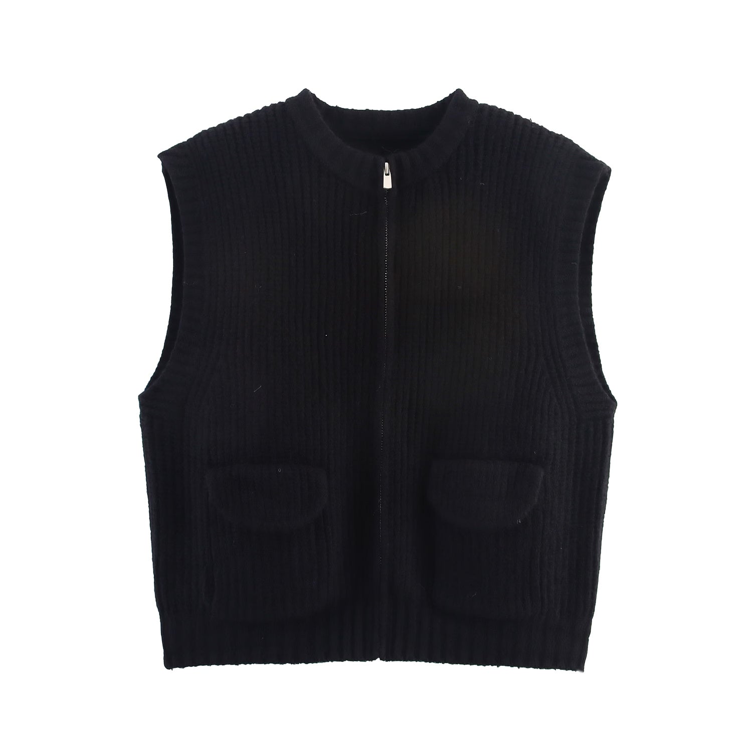 Fall Women Clothing Thick Needle round Neck Pocket Knitted Sweater Zipper Cardigan Vest Bella Mia