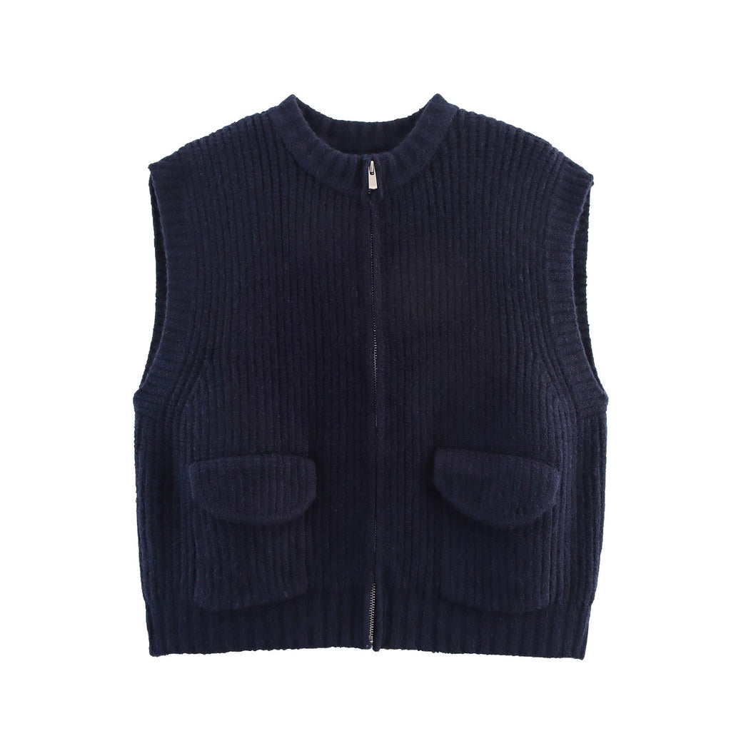 Fall Women Clothing Thick Needle round Neck Pocket Knitted Sweater Zipper Cardigan Vest Bella Mia