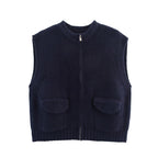 Fall Women Clothing Thick Needle round Neck Pocket Knitted Sweater Zipper Cardigan Vest Bella Mia