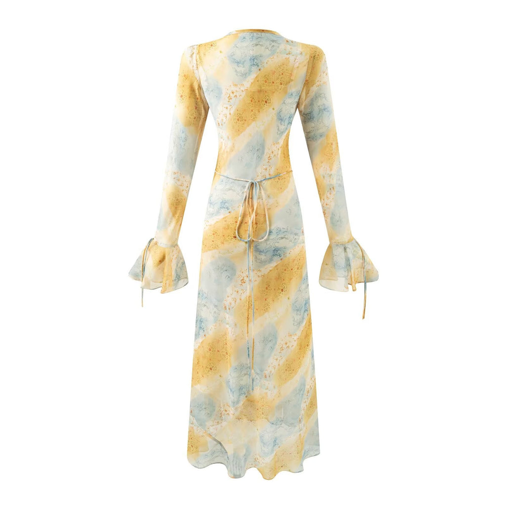 Autumn Women Clothing V neck Mid Length Printed Dress Women Bella Mia