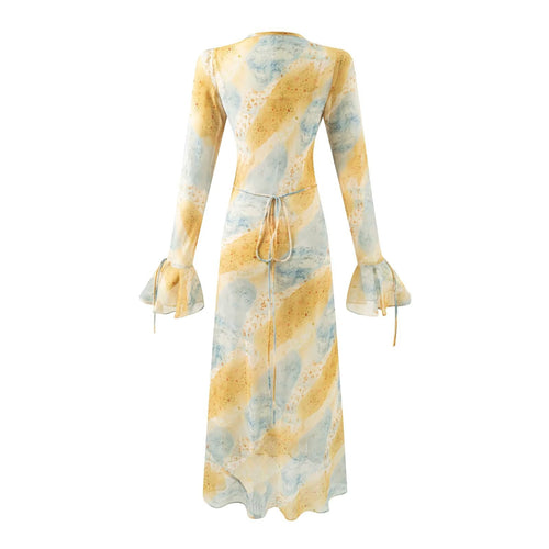 Autumn Women Clothing V neck Mid Length Printed Dress Women Bella Mia