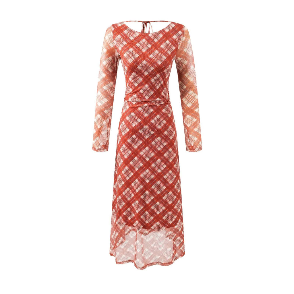 Casual Waist Controlled Sexy Backless Lace up Plaid Dress Women Bella Mia