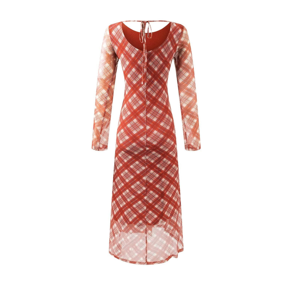 Casual Waist Controlled Sexy Backless Lace up Plaid Dress Women Bella Mia
