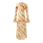 Vintage Printed Chic Flared Long Sleeve Vacation Dress round Neck Maxi Dress Bella Mia