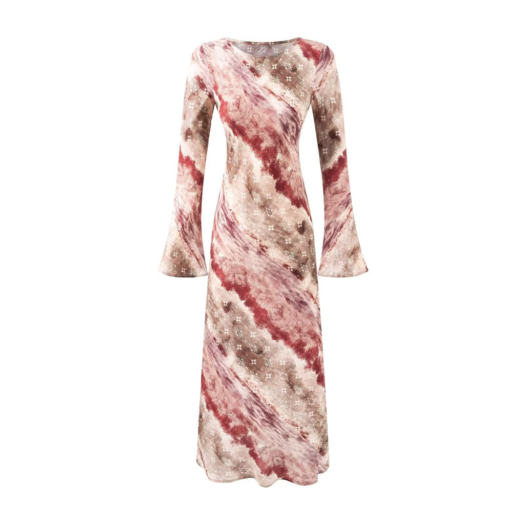 Vintage Printed Chic Flared Long Sleeve Vacation Dress round Neck Maxi Dress Bella Mia