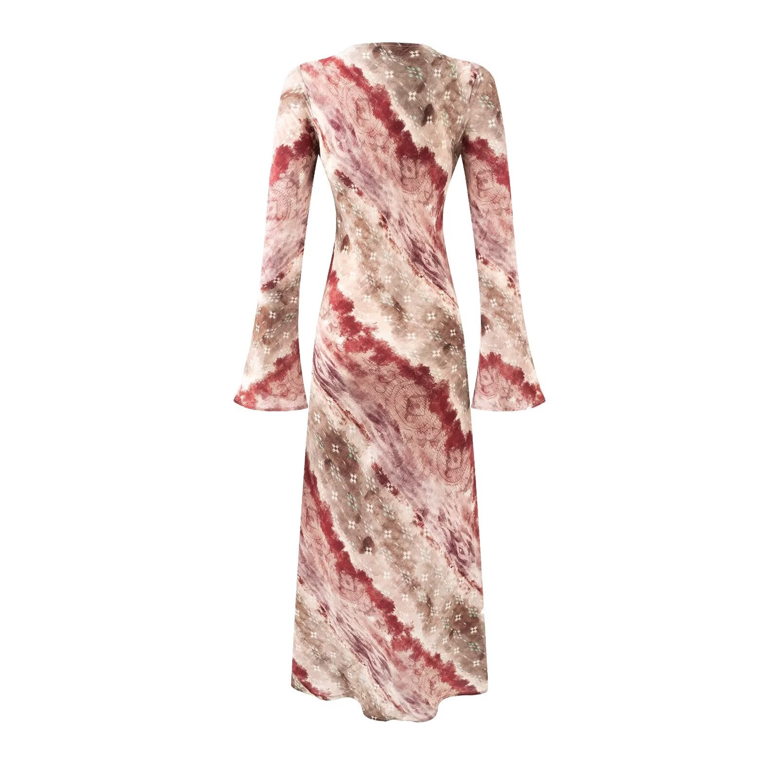 Vintage Printed Chic Flared Long Sleeve Vacation Dress round Neck Maxi Dress Bella Mia