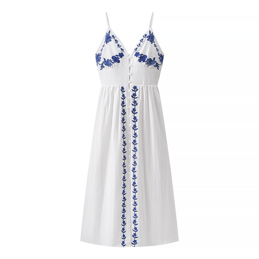 Women Clothing Fall Vacation Embroidered Strap Mid Length Dress Bella Mia